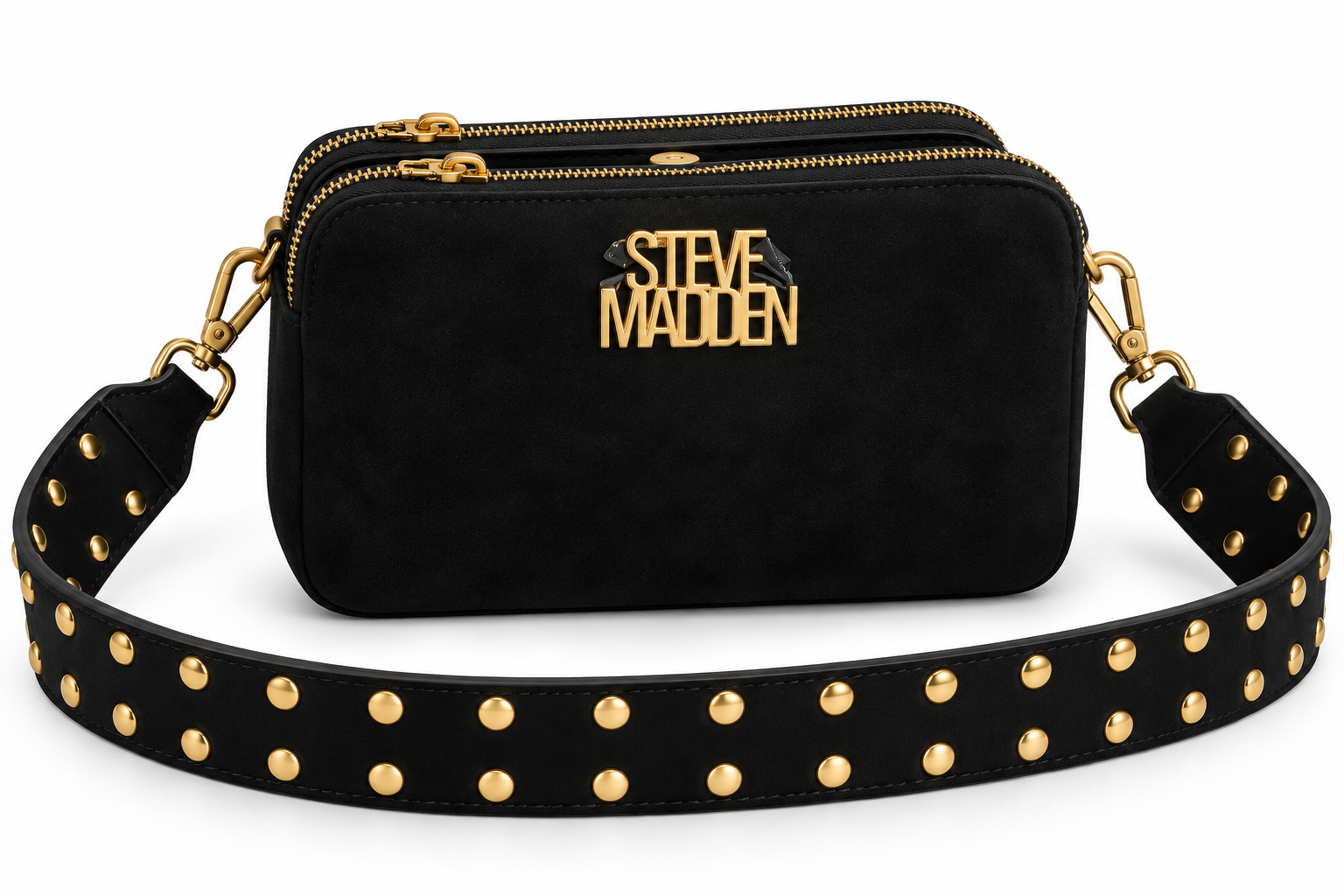 Crossbody Steve Madden negro agamuzado con correa de tachas doradas